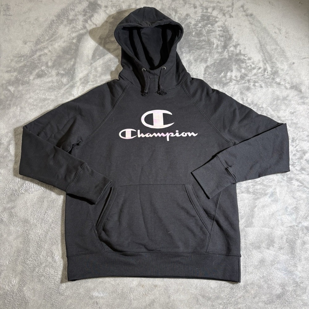Champion Sweatshirt Womens Medium Black Pullover Hoodie Sweatshirt Metallic Logo